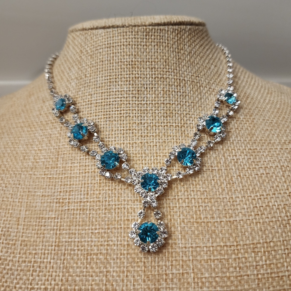 Blue Rhinestone Crystal Bridal Necklace Silver-Tone Art Deco Y-dangle Prom Bride